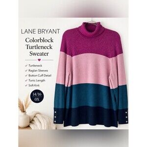 Lane Bryant Colorblock Turtleneck Sweater 14/16 Pink Teal Navy Tunic Plus Size